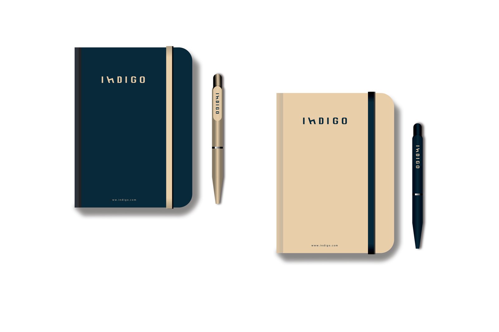 Indigo brand identity — notebooks and pens