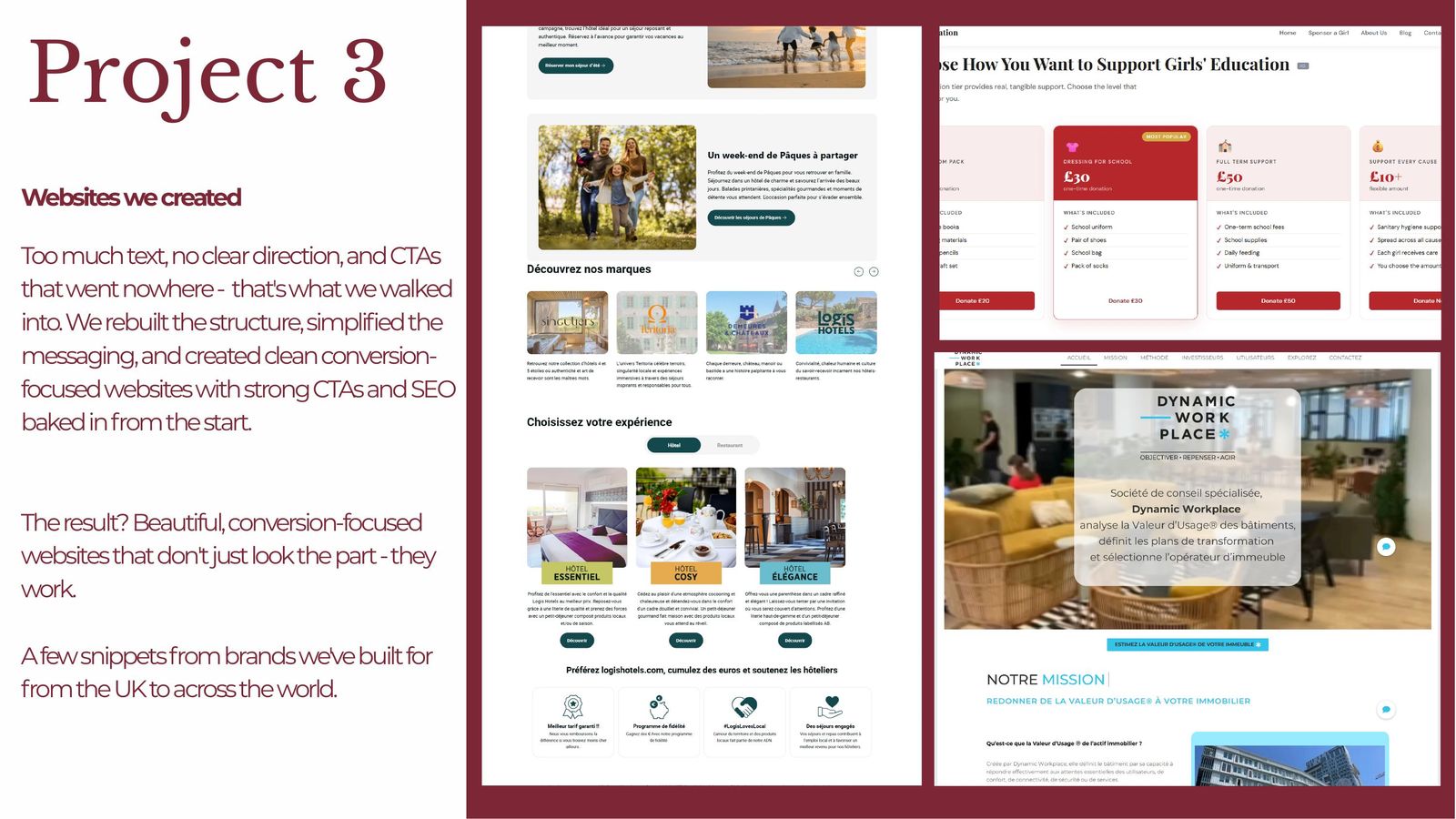 A selection of websites built by The Sweet Spot Studio: Logis Hotels, Dynamic Workplace, SaGG Foundation