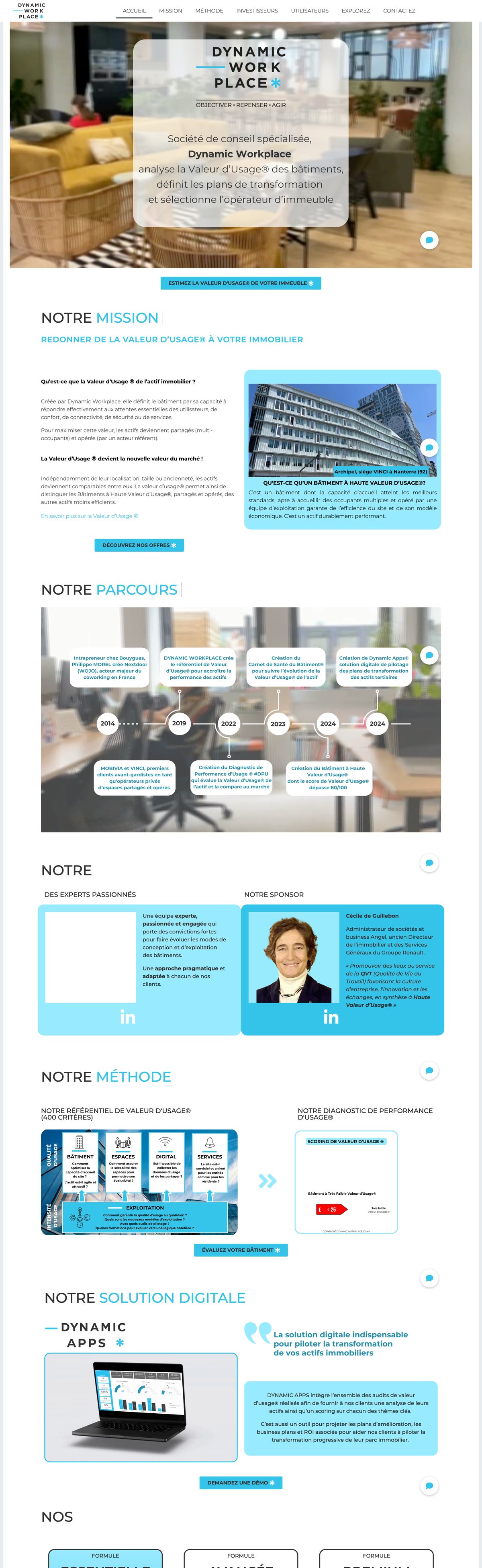 Dynamic Workplace website — homepage, mission, timeline and method sections