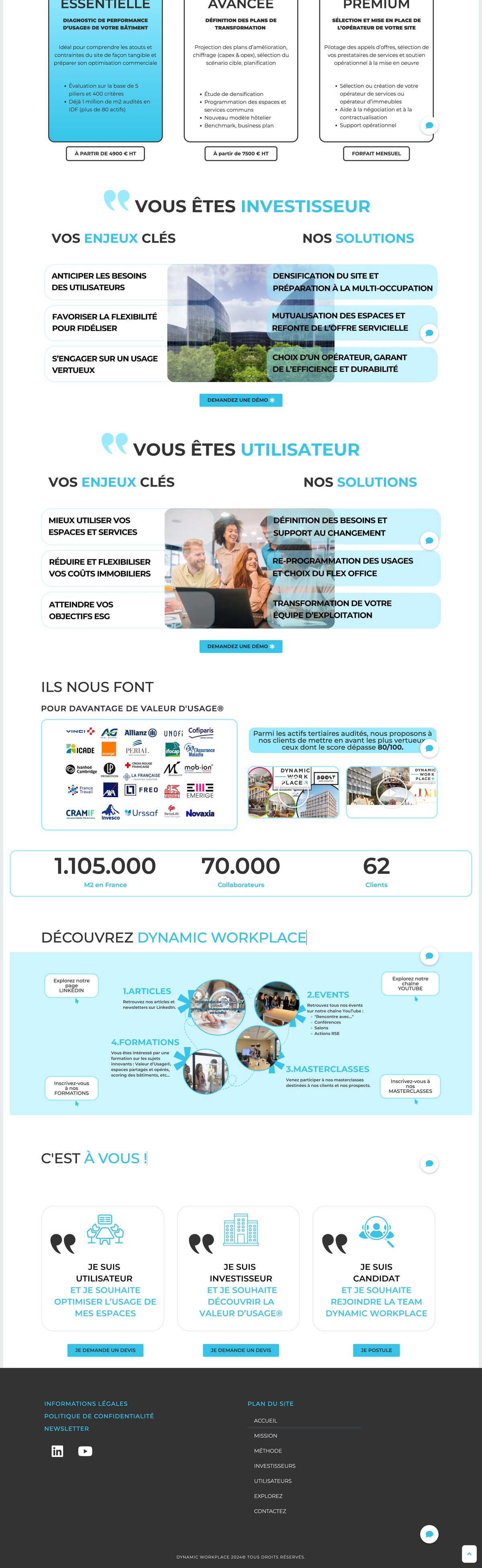 Dynamic Workplace website — offers, investor and user journeys, client logos and CTA